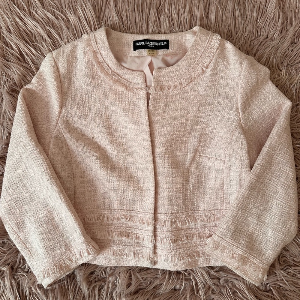 Karl Lagerfeld Pale Pink Tweed Cropped Jacket